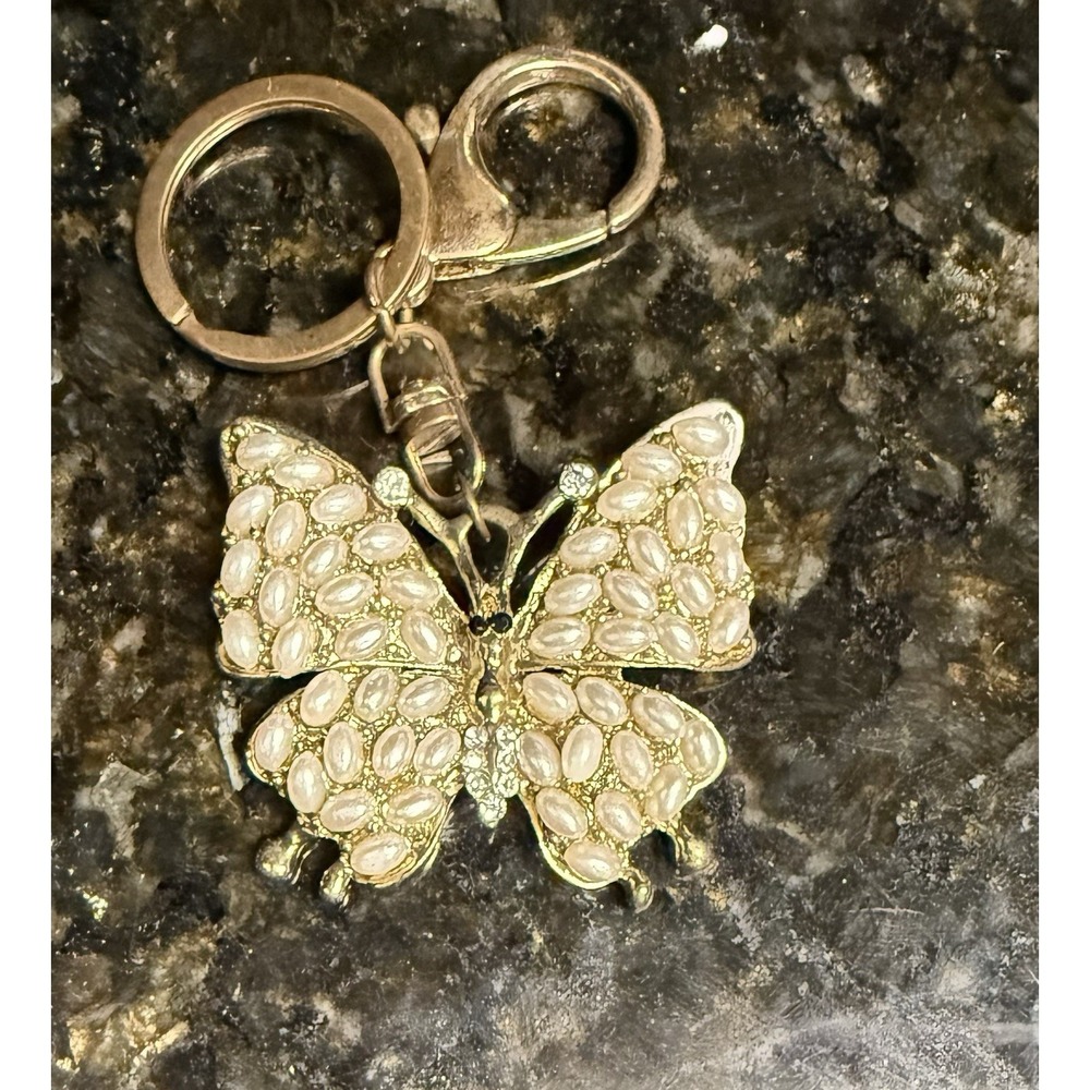 Butterfly Keychain Faux Pearls Rhinestone Gold Tone Bag Charm